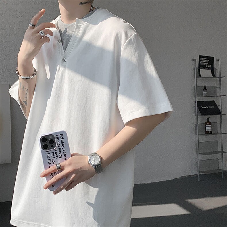 现货T10132-特批33控65夏季新款假两件曼巴棉大码撞色T恤,男装T恤,电商A059