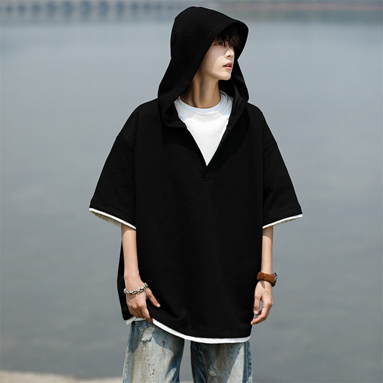 8XL-M假两件短袖卫衣连帽t恤男夏季薄款宽松大码学生半袖DT007P48,男装T恤,电商B312