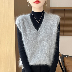 时尚百搭V领拉绒马甲女秋冬季新款韩版宽松显瘦毛衣背心外套上衣图片