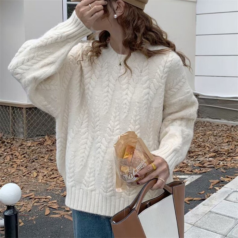 奶蓝色麦穗套头毛衣女2025秋季新款韩版宽松麻花温柔针织上衣加厚,针织衫/毛衣,萱芳婷羊绒