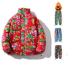 H203情侣东北大花风民族风特色牡丹大花棉袄加绒裤套装男女，男装民族服装，星座115A-1