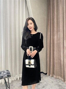 【现货】2021冬季新款 设计手工订钻丝绒连衣裙图片
