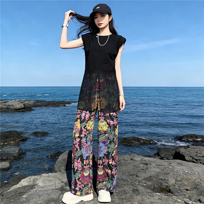 盐系穿搭休闲时尚套装女夏款开叉设计黑色网纱拼接短袖长裤两件套,女装套装/套裙,江南