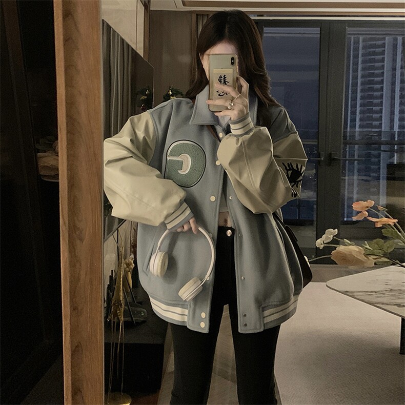 美式棒球服女秋冬刺绣拼接皮袖复古夹克情侣宽松翻领外套C668-75,男装夹克,星座911-2(原星座613-2）