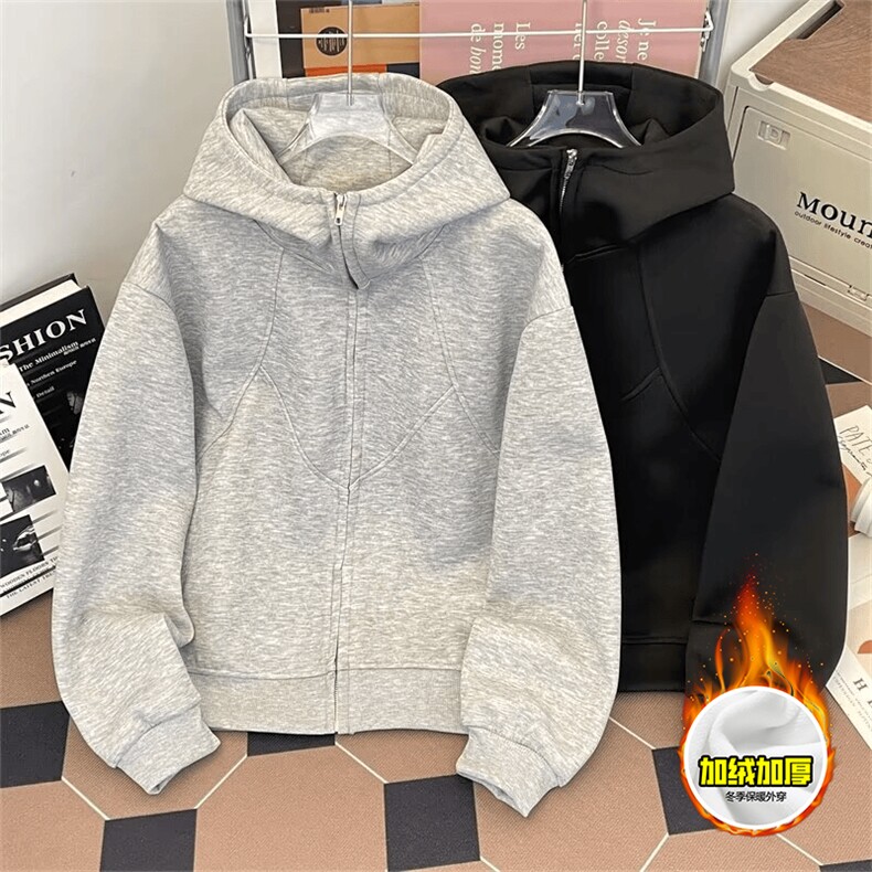 480G重磅加绒硬挺boxy男女秋冬美式高街结构高领卫衣开衫厚外套，女装短外套，电商A486