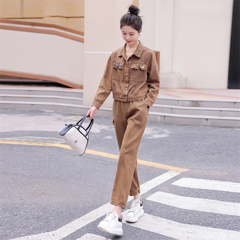 休闲时尚套装女炸街减龄洋气韩版显瘦牛仔外套长裤两件套工装欧货,女装套装/套裙,韩美纤衣