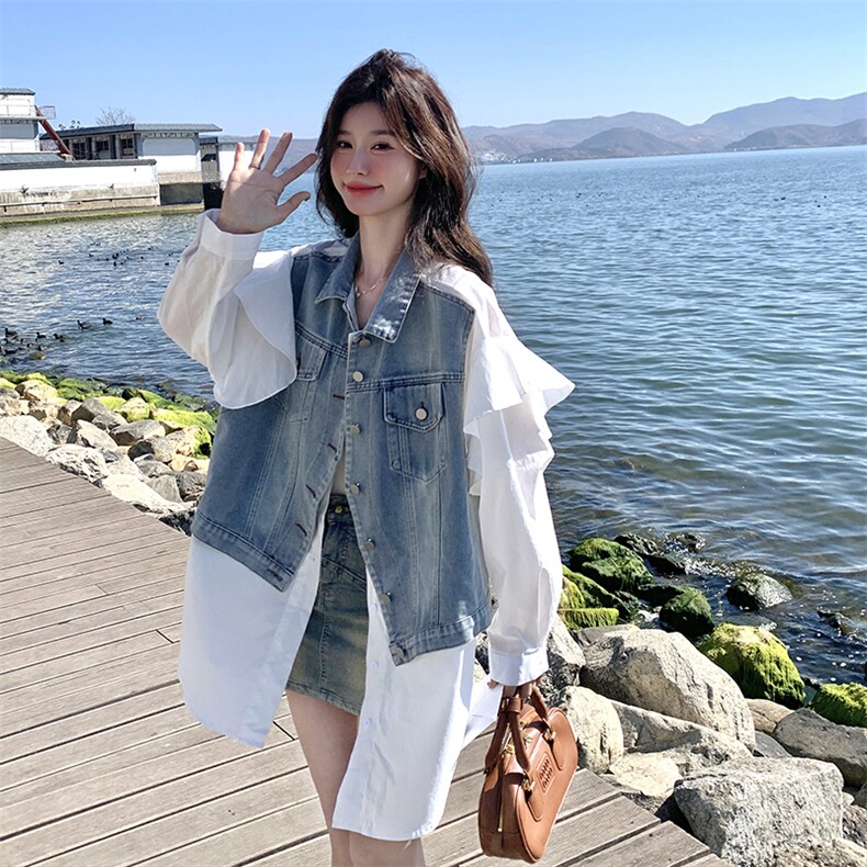 氧气感米白色撞色牛仔拼接衬衫外套女2025新款爆款春秋流行穿搭,女装衬衫,维壹