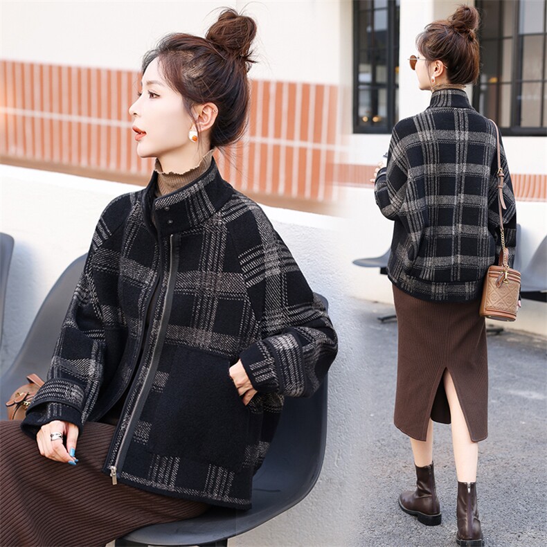 毛呢格子短外套女士2025新款大码女装秋冬夹棉加绒加厚小个子上衣,女装毛呢外套,欣美人