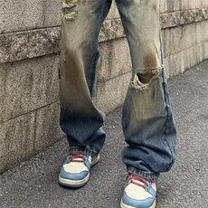 美式复古高街黄泥染破洞宽松休闲牛仔裤男做旧直筒长裤男，男装牛仔裤，星座506A