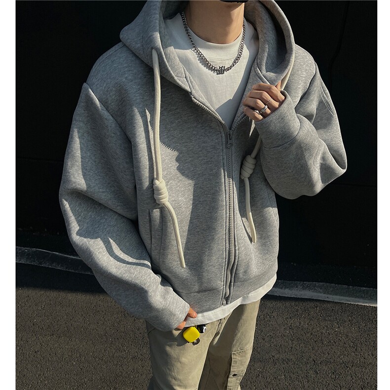 重磅500克手工编绳纯色连帽开衫卫衣cleanfin外套男H1053特P80，男装卫衣，电商A341