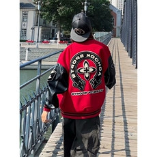 毛呢重磅撞色pu皮拼接夹克外套高街情侣红色百搭棒球服JKA278，男装夹克，星座516A