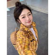 韩系黄色格子流苏衬衫外套女春秋2025新款设计感小众长袖衬衣上衣，男装衬衫，星座1210-1