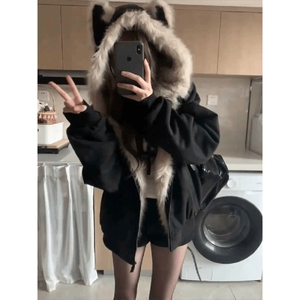 现货重磅硬挺boxy羽绒棉衣座山雕猫耳大毛毛领麂皮棉服冬外套图片