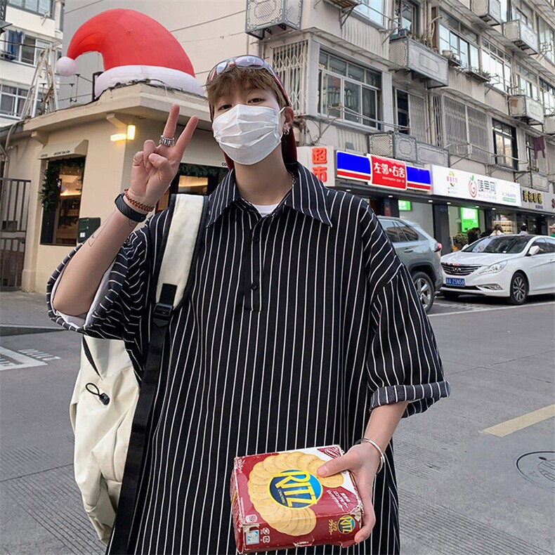 C8036/P35港风夏季条纹冰丝衬衫男短袖衬衣宽松休闲大码上衣,男装衬衫,电商A141