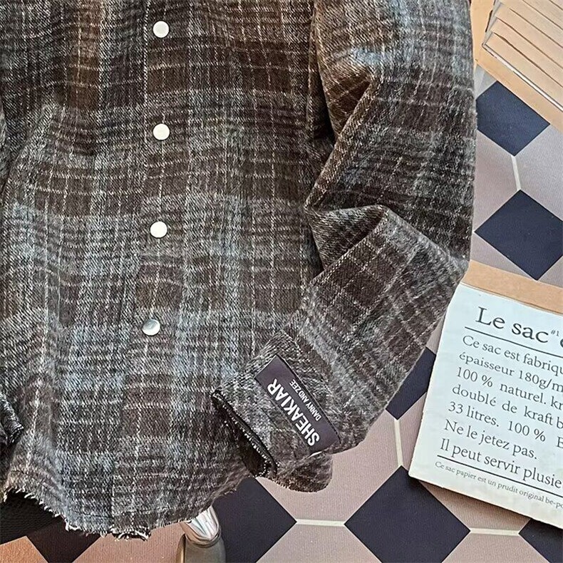 F667P49春秋季复古磨毛格子衬衫男美式潮牌宽松休闲水洗,男装衬衫,星座512-6