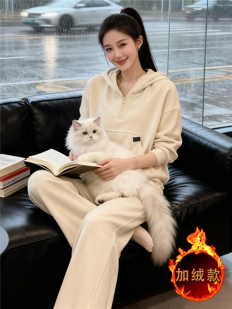 时尚运动风加绒套装女秋冬高级感加厚连帽卫衣高腰阔腿长裤两件套,女装套装/套裙,江南