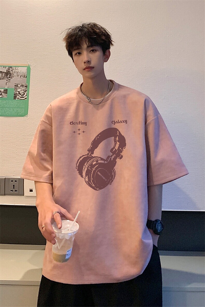 港风2025夏装麂皮绒情侣半袖上衣潮流男装夏季宽松短袖T恤S396P28,男装T恤,电商A233-1