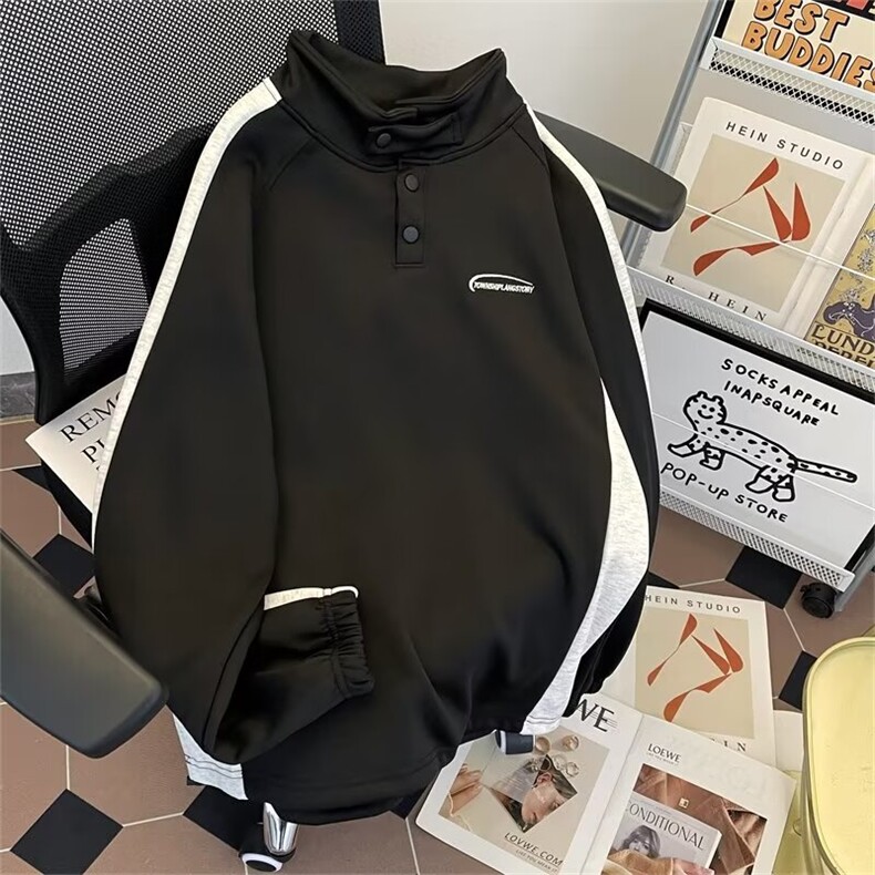 美式复古拼接半高领卫衣男春秋潮牌宽松套头上衣立领外套Q72/P46图片