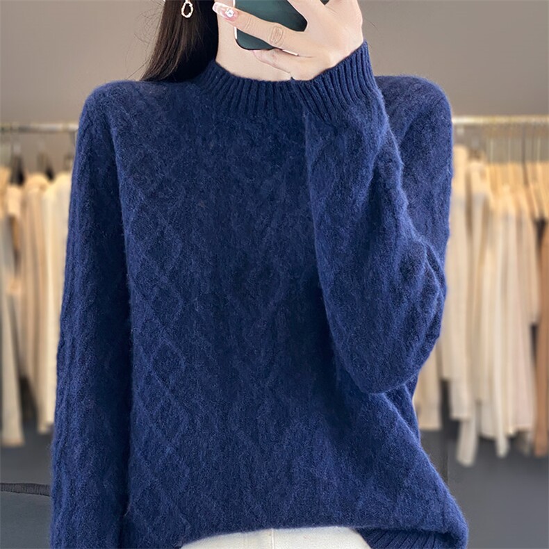 秋冬季羊毛休闲气质通勤全身绞花圆领复古羊毛衫，女装羊毛衫，鸿陌羊绒