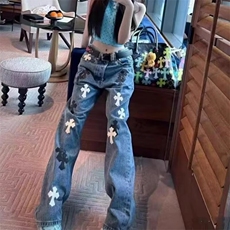 新款潮十字架梵文贴皮水洗牛仔裤男女宽松高街直筒长裤AMS31P68，男装皮裤，星座1013-5