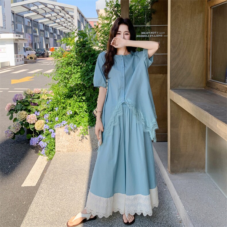 复古蓝色衬衫套装女2025夏新款棉麻宽松时尚蕾丝拼接阔腿裤两件套,女装套装/套裙,2C211