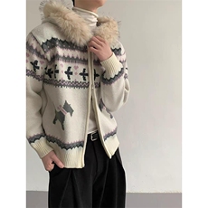 重磅北极绒座山雕毛衣外套冬美式复古休闲慵懒风大毛毛领针织开衫，男装针织衫/毛衣，电商A443