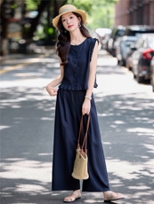 2026新款天丝亚麻短袖藏青色衬衫直筒休闲裤两件套洋气时尚女套装，女装衬衫，梦懿尔