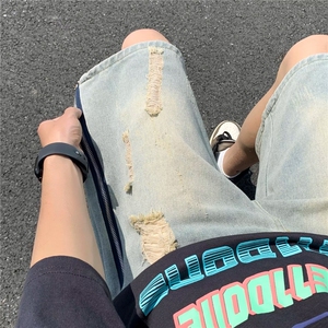 五分牛仔短裤男士宽松直筒青少年夏季薄款中裤潮流休闲运动短裤图片