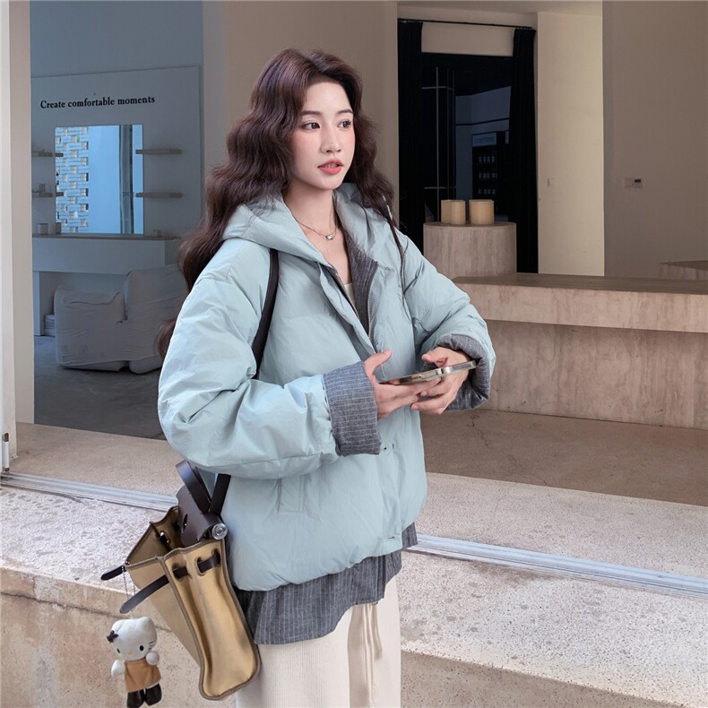 假两件蓝色连帽羽绒服女冬超火好看高级小众漂亮加厚面包服短外套,女装羽绒服,2C307