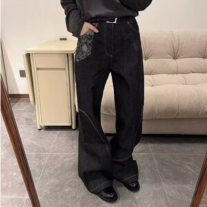 2025夏季原色牛仔裤男美式cleanfit复古拼接提花解构宽松阔腿长裤图片