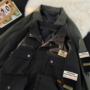 港风春款男夹克工装大口袋魔术贴标宽松夹克衫冲锋衣外套JK75 P85图片