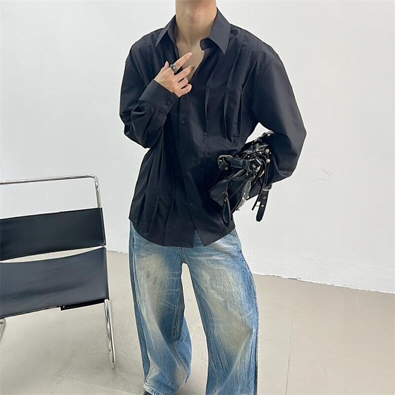 小众设计衬衫褶皱轻熟长袖雅痞风高级感衬衣禁欲系潮牌潮流春秋,男装衬衫,星座218-1（原230）