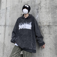 WY301-P52美式黑色连帽卫衣字母印花外套水洗做旧ins潮流情侣装，男装卫衣，星座1501-1