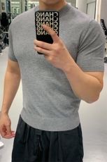 灰色针织短袖X7160-TP4068老钱风小领口凉感夏季螺纹打底衫，男装T恤，电商A102
