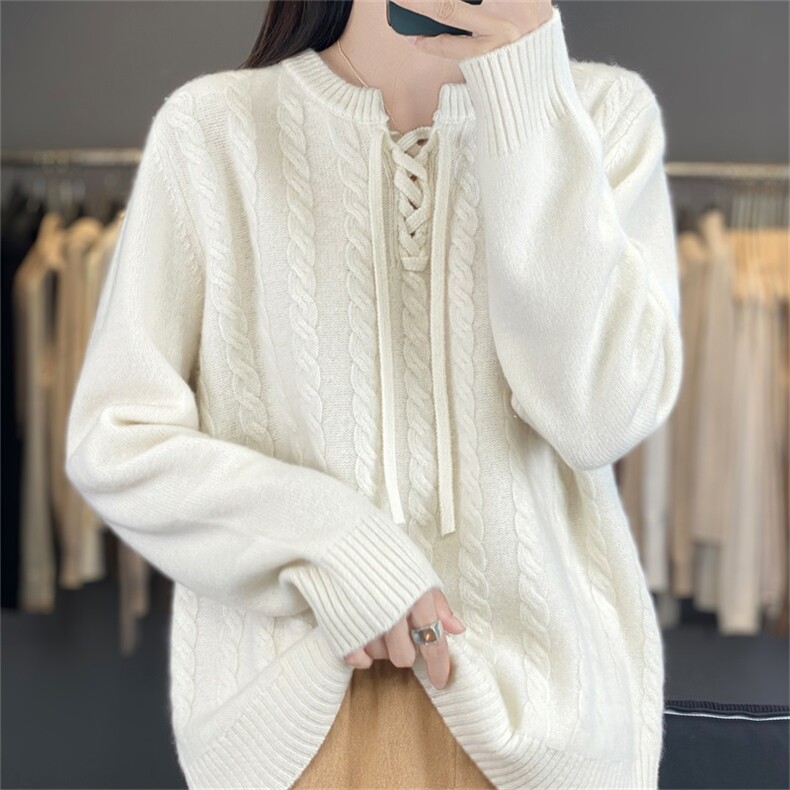 2025年秋季新款百搭女士系带绞花毛衣，女装羊毛衫，宛庄羊绒