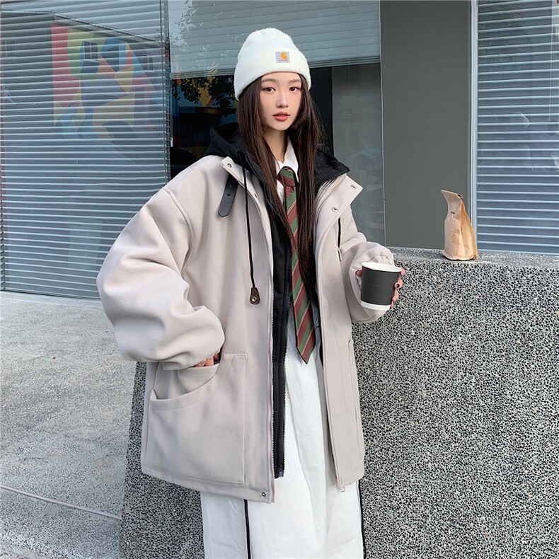 EQ158情侣装冬季毛呢外套2024新款纯色连帽加厚呢子大衣男女同款,女装毛呢外套,电商C306-1