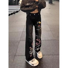 手绘涂鸦弯刀牛仔裤男潮牌痞帅炸街裤子美式高街修身微喇裤，男装牛仔裤，星座410-6（原星座1304-1）