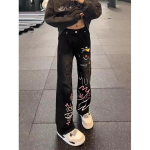 手绘涂鸦弯刀牛仔裤男潮牌痞帅炸街裤子美式高街修身微喇裤图片