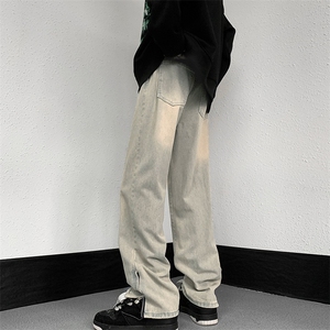 美式高街复古潮牌垂感阔腿裤春季黄泥色做旧牛仔裤男 K6375-P42图片
