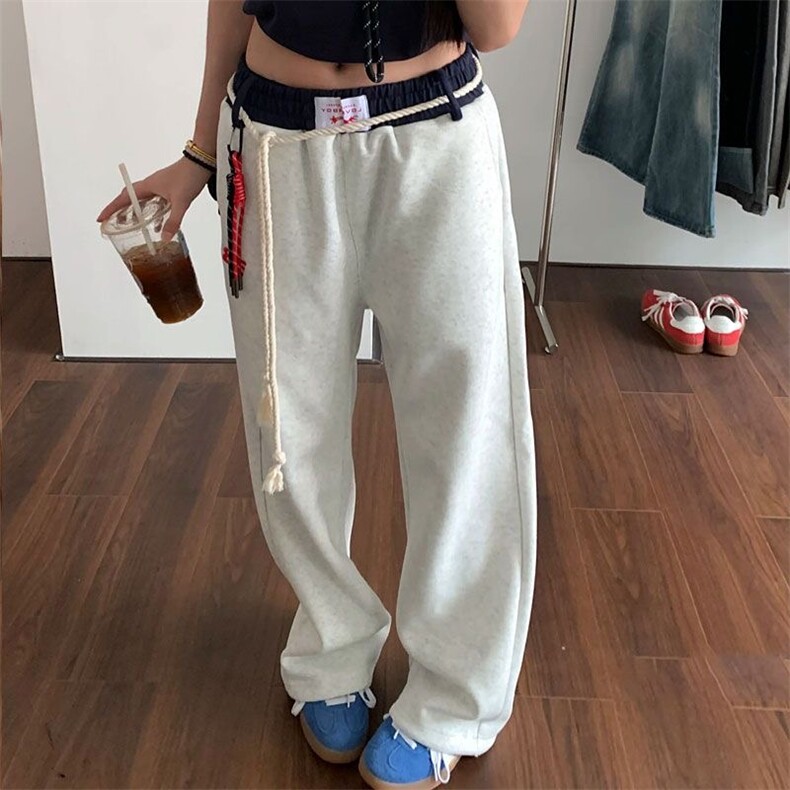AK2176-P52美式复古抽绳撞色拼接直筒宽松休闲长裤,女装休闲裤,星座617A-2