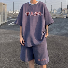 ！2025夏季新款男士华夫格短袖套装印花一套HTZ79P50，男装T恤，电商B220