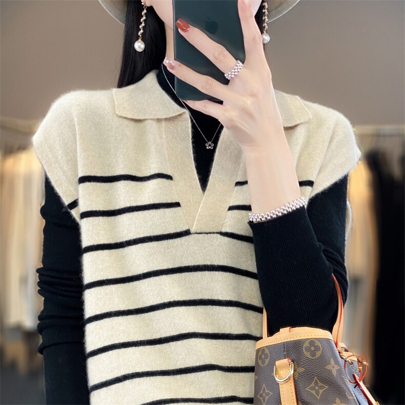 时尚条纹毛衣女V领无袖针织衫修身显瘦百搭气质外套,女装马甲,琳华羊绒