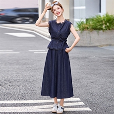 流行超好看牛仔套装裙女2025夏季新款蕾丝边拼接马甲半身裙两件套，女装套装/套裙，沁沁公主