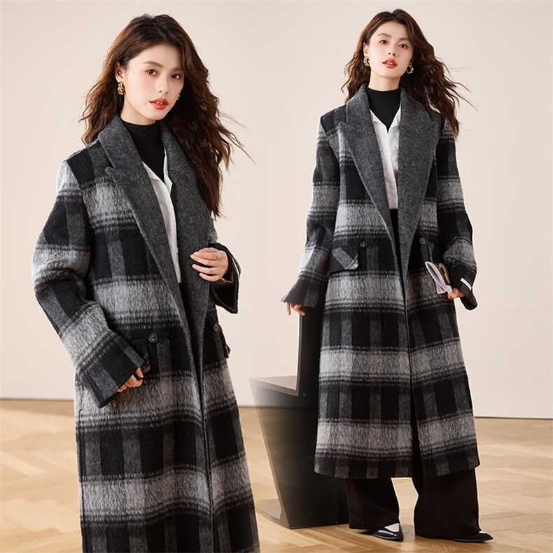 双面羊绒大衣女茧型慵懒长款过膝加厚格子西装领高级羊毛呢外套冬，女装双面呢大衣，蝶眷