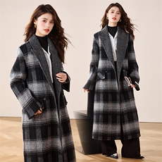 双面羊绒大衣女茧型慵懒长款过膝加厚格子西装领高级羊毛呢外套冬，女装双面呢大衣，蝶眷