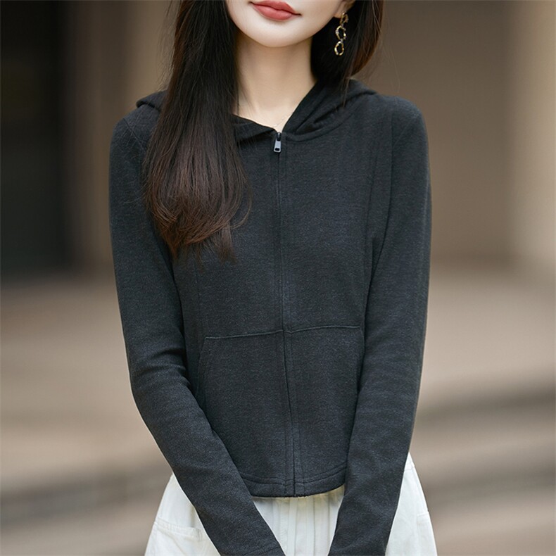 新款纯色修身短款卫衣连帽开衫女25秋冬通勤小个子短外套保暖上衣,针织衫/毛衣,佳绒高端店