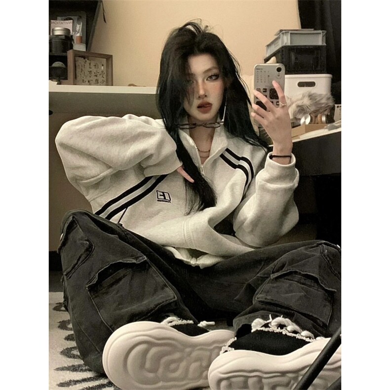 美式复古连帽卫衣男女秋季2025新款开衫外套常规款P53加绒款P58,女装短外套,四季星座505
