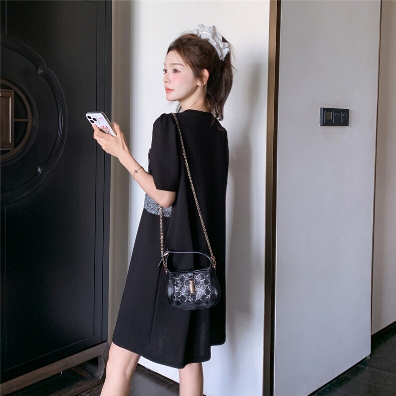 夏日小个子显瘦连衣裙女2025新款韩系假两件复古设计感直筒T恤裙,女装连衣裙,2C201