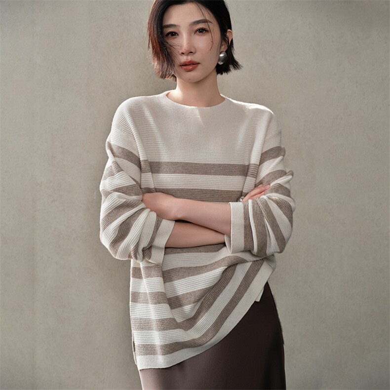 2025年秋季常规款套头长袖单件女士阔版条纹套衫,商品下架区,江帆羊绒
