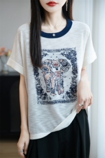 夏季新款竹节麻拼色圆领大象印染短袖百搭显瘦上衣时尚休闲T恤，女装T恤，贵皇网供仓